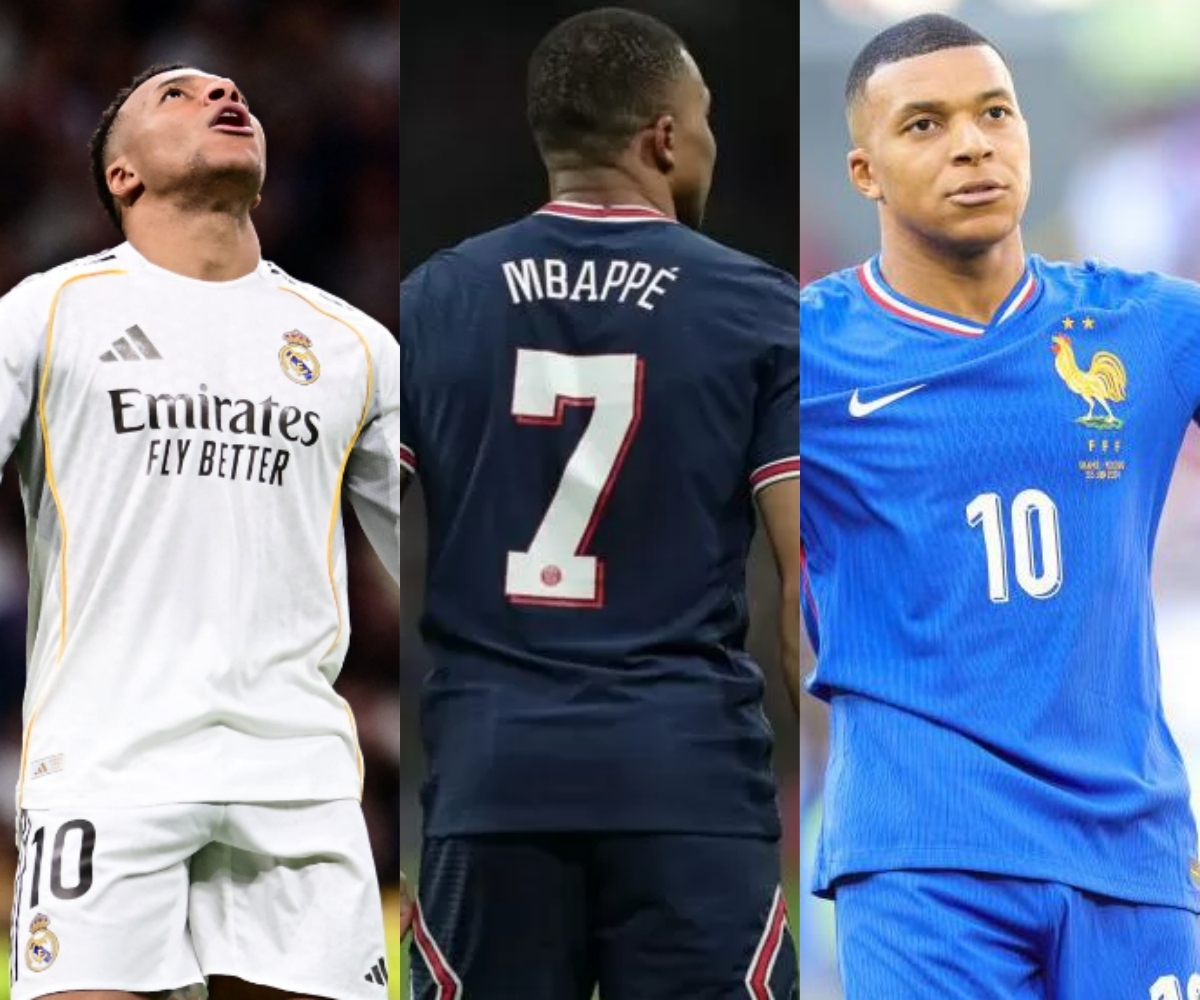 Kylian Mbappé in verschillende shirts: Real Madrid, PSG nummer 7 en Frankrijk nummer 10 voetbalshirt